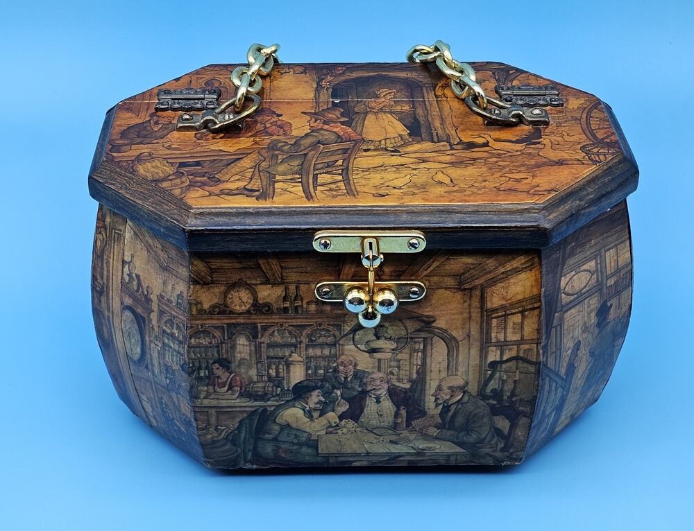 Vintage 1970s Anton Pieck Decoupage Wooden Box Purse Octagon Green Velvet Mirror
